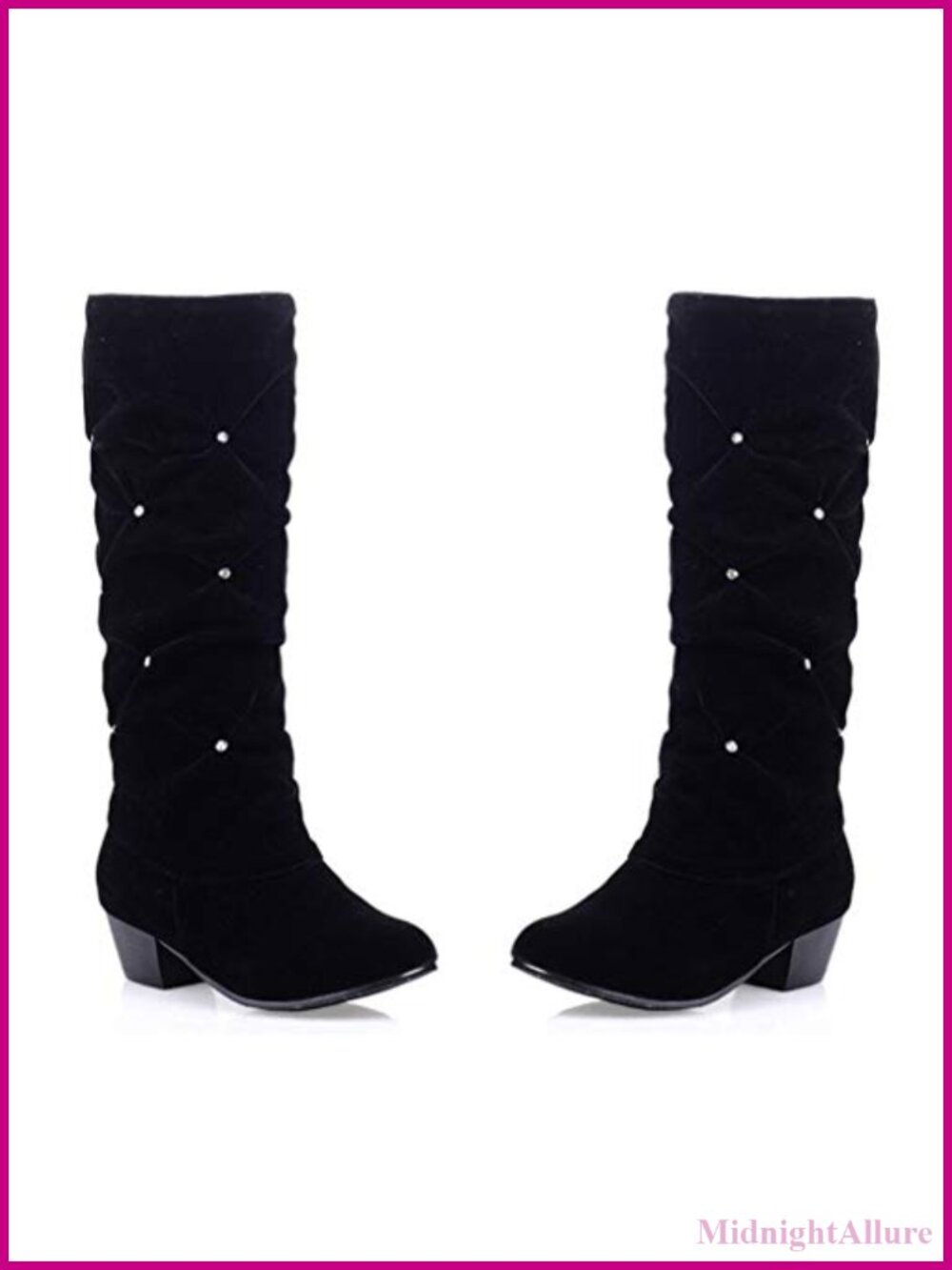 Womens Mid Calf Riding Boots Vegan Suede Slouch Rhinestone Low Heel